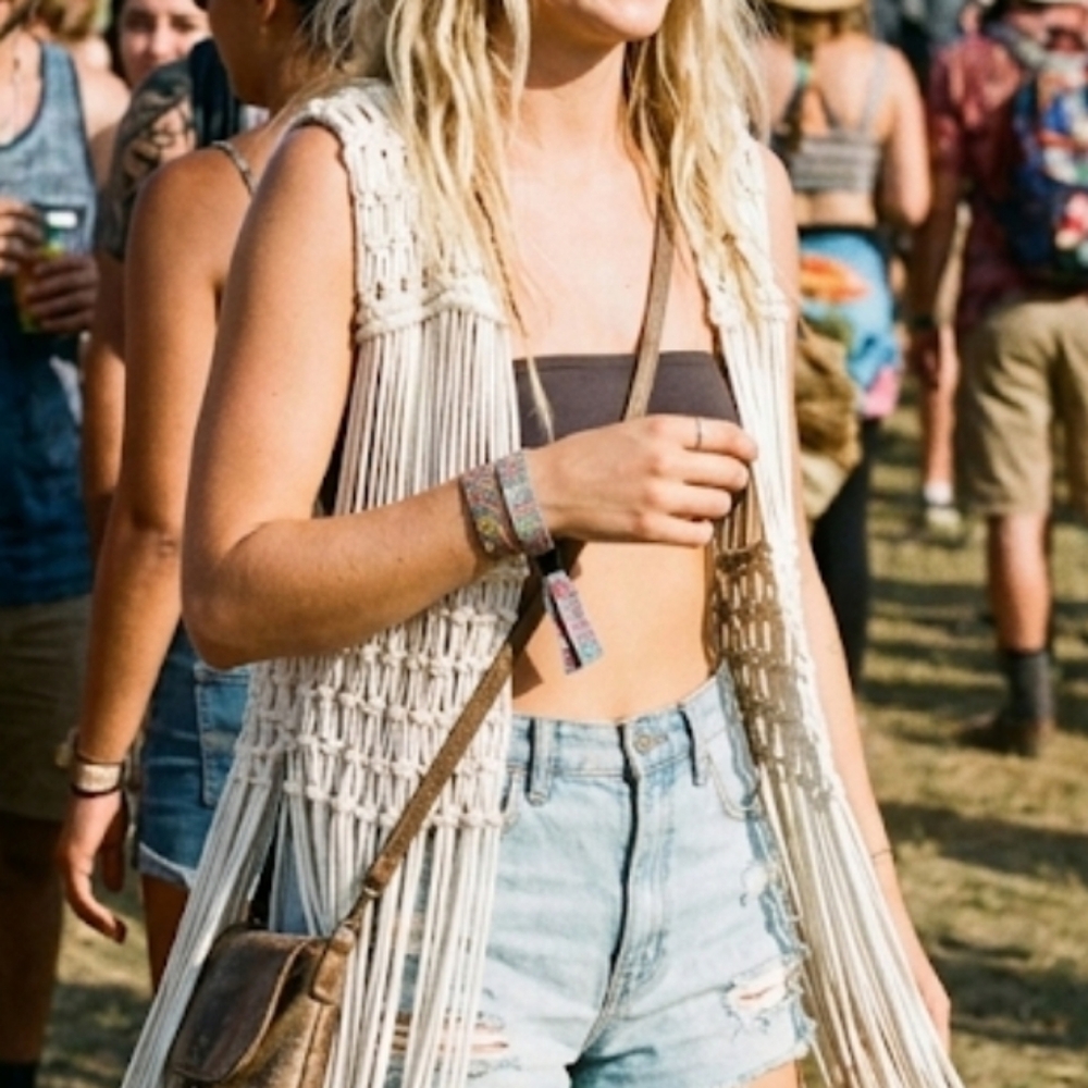 TRULUV White Macrame Fringe Vest Cotton Boho Festival Crochet Country Concert